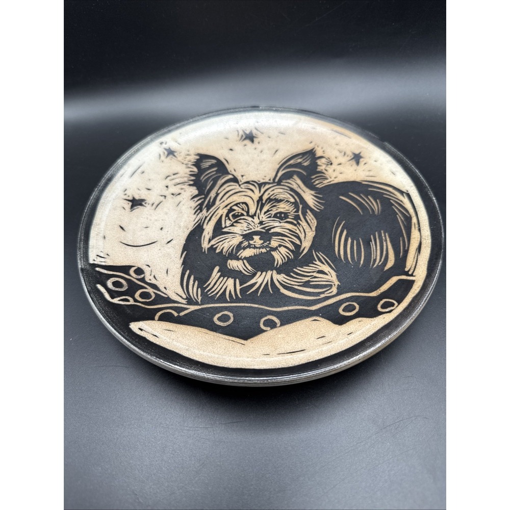 Studio Art Pottery Plate Yorkie Yorkshire Terrier Dog Artist Signed Stanhope